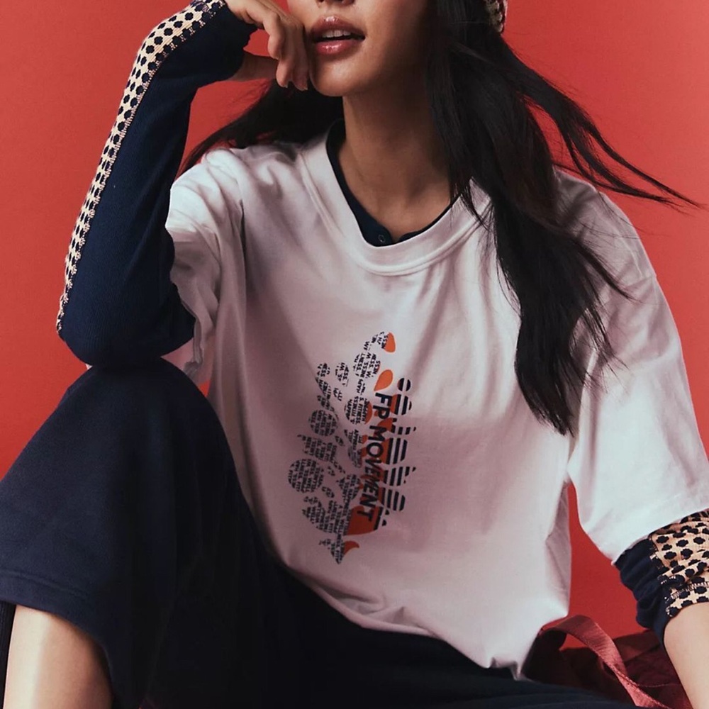 FP Movement by Free People White and Navy Graphic Tee